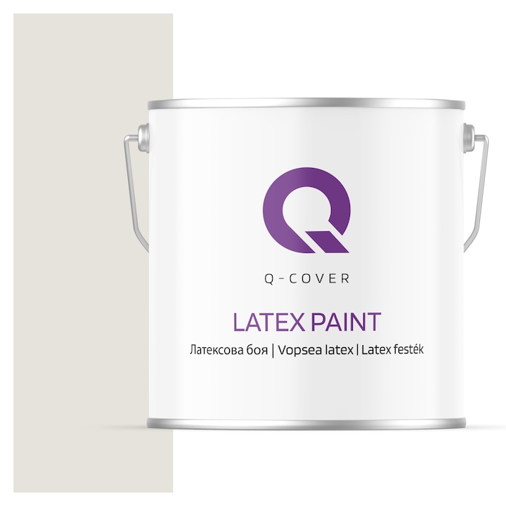 Vopsea latex, Q-Cover, Alb cu tenta de gri H1276, pentru interior, pe baza de apa, galeti de fier, usor de aplicat, rezistent la frecare, elimina reflexiile luminii, sigura pentru persoanele alergice, fara miros, tixotropa, Mat, 5L