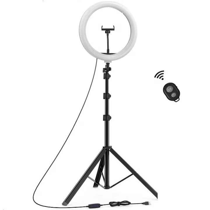 Lampa circulara profesionala Kludoo®, Led Ring Light, diametru 30 cm, 12 inch, 180 Led-uri, Trepied inclus, 3 moduri de lumina, 10 trepte reglaj, suport telefon, Negru