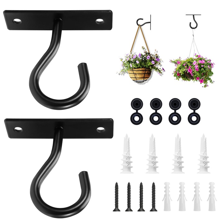 Set de carlige de tavan pentru plante, metal, 2.5 inch, 2 bucati, negru
