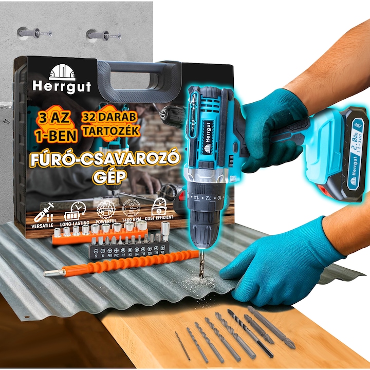 Акумулаторен винтоверт Herrgut с Li-Ion батерия 2000mAh, 35Nm, 2 скорости 400/1400 об/мин, бърз патронник 0.8–10мм, 32 аксесоара, куфар BMC