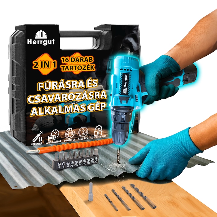 Herrgut akkumulátoros fúró-csavarozó 1,5 Ah Li-Ion akkumulátorral, 30 Nm, 2 sebesség 400/1400 RPM, 0,8–10 mm gyorsbefogó tokmány, 25 tartozék, BMC hordtáska