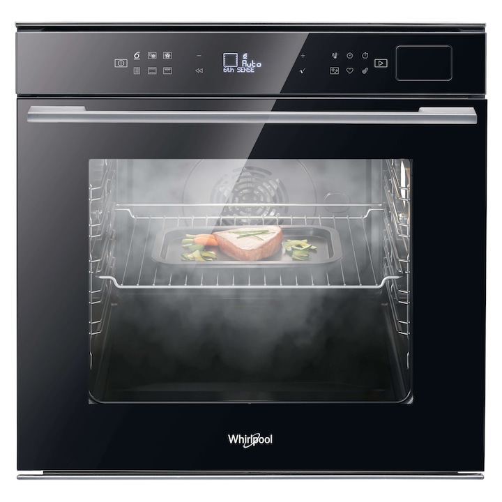 Cuptor incorporabil Whirlpool W7OS44S2HBL, Clasa A+, Capacitate 73 l, 6th Sense, 8 functii, SteamSense, Ready2cook, Grill, Maxi Cooking, Smart Clean, Soft Closing, Negru