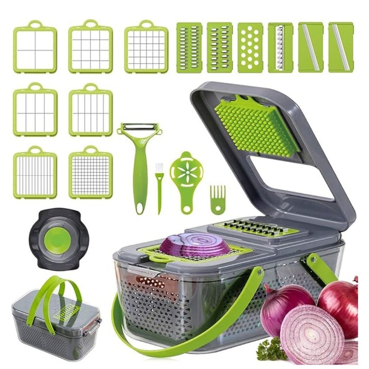 Razatoare multifunctionala de bucatarie cu 22 de piese pentru legume si fructe, Lame din otel Inoxidabil si maner de protectie, Verde, Impact Vision®