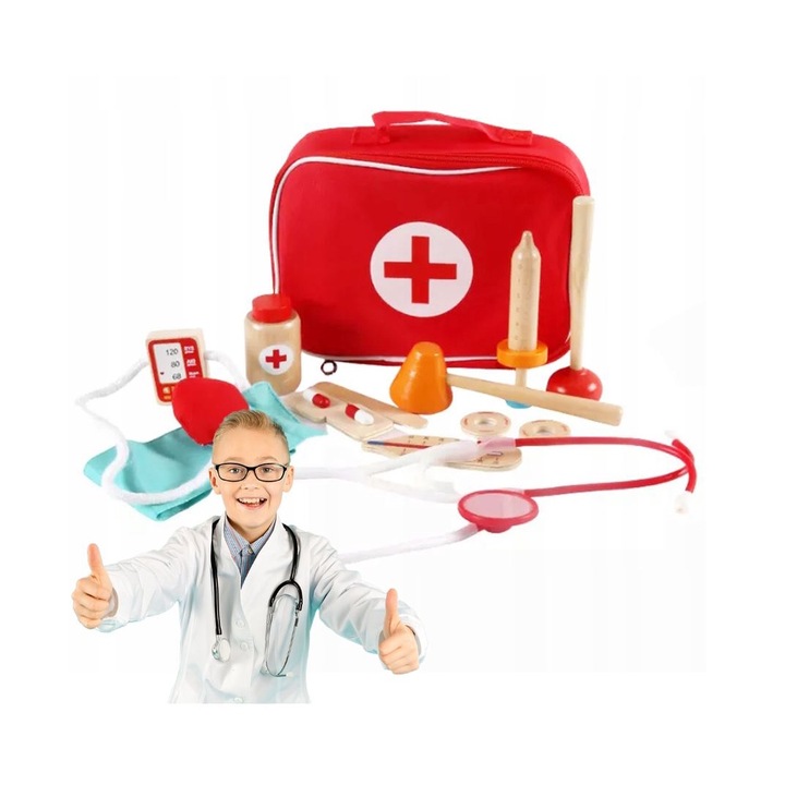 Set de Joaca, Trusa Medicala LittleDoctor cu Instrumente din Lemn, Include Flacon cu Medicamente, Alifie, Stetoscop, Termometru, Seringa, Tensiometru, Ciocan, Otoscop, Spatula, Geanta pentru Depozitare, Indiggo®, 3ani+, Rosu