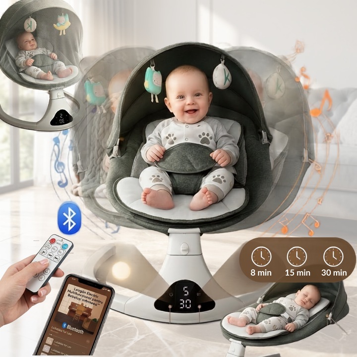 Leagan Electric pentru Bebelusi Infiniteea™, Multifunctional, Acoperis Rabatabil cu Plasa de Protectie Insecte, 5 Viteze, Spatar Reglabil in 3 Pozitii, Temporizator, Conectare Bluetooth, 12 Melodii, Reglabil, Telecomanda si Jucarii incluse, Gri