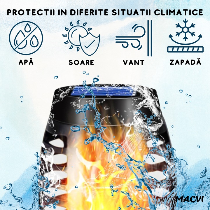 Lampa solara Macvi® 72 LED-uri cu efect flacara, baterie 1200mAh, senzor crepuscular, impermeabila, ideala pentru curte si gradina
