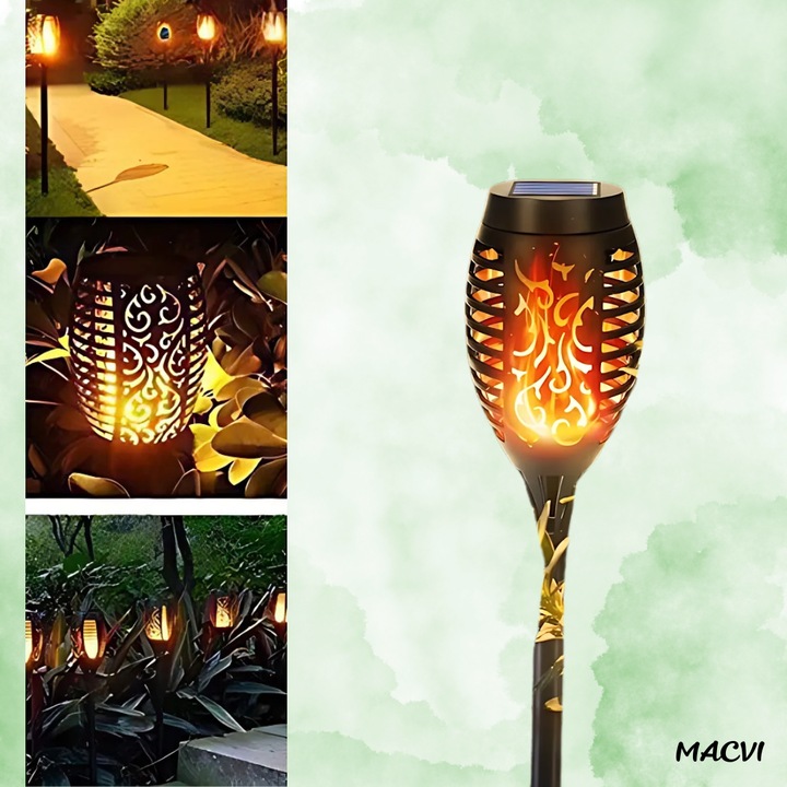 Lampa solara Macvi® 72 LED-uri cu efect flacara, baterie 1200mAh, senzor crepuscular, impermeabila, ideala pentru curte si gradina