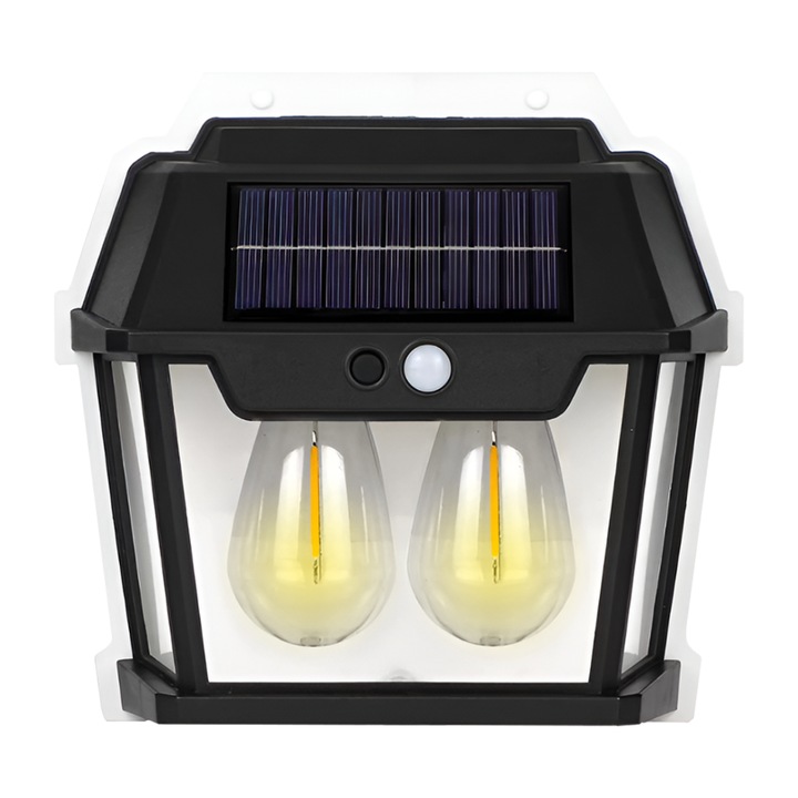 Lampa solara Macvi® de perete cu LED dublu, senzor de miscare 8m, 3 moduri de iluminare, fara fir, IP65 rezistenta la apa, ideala pentru curte si gradina