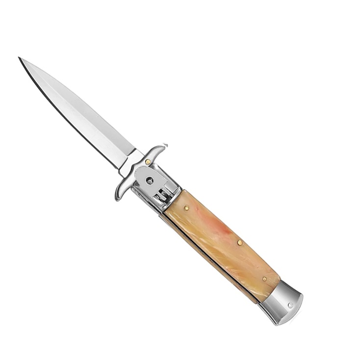 Cutit cu Deschidere si Inchidere Automata pe Buton, Pentru Camping, Maner Auriu, Lama Otel, Husa Prindere Curea, 21 cm, Dalimag