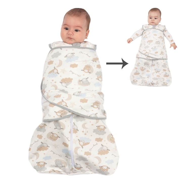 Sac de dormit bebelusi cu sistem de infasare din bumbac flausat Kidizi® On a Cloud Pastel, 0-6 luni, 1 tog