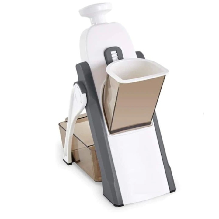 Kludoo® Мултифункционално ренде за зеленчуци, плодове, сирена, универсално, тип мандолина, сгъваемо 4 остриета, 8 настройки за дебелина, ръчно, бяло/сиво