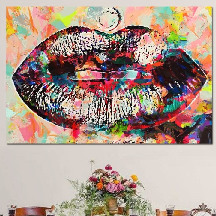 Премиум картина върху платно, LuxCanva® E1028, Поп арт целувка, 100 X 135 см, 100% памучно платно 400 г/м2, дървена рамка, устни, блясък, неоново, хроматично, чувственост, хол, ярки цветове