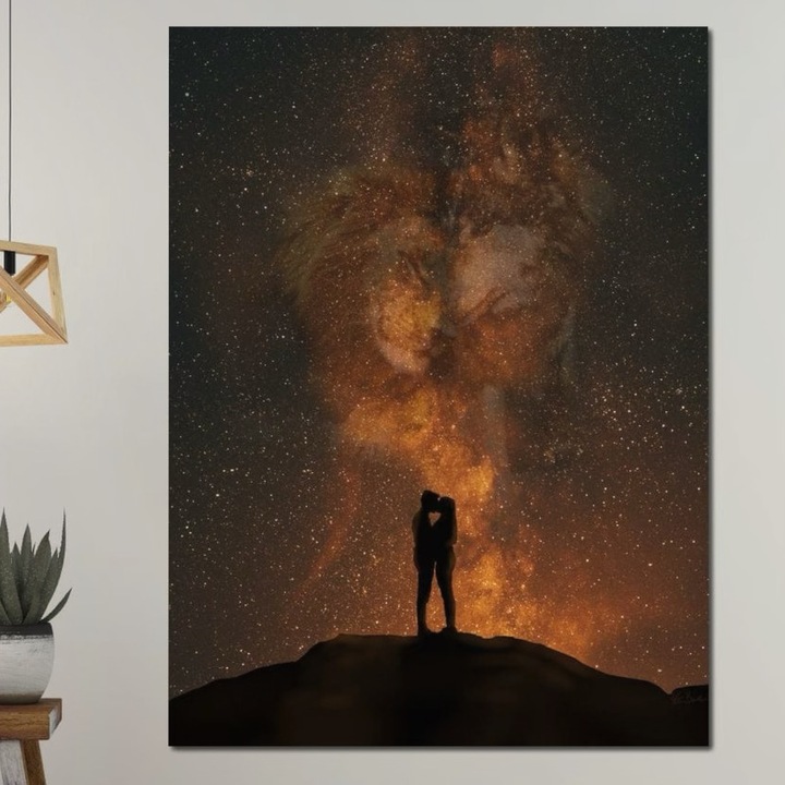 Премиум картина върху платно, LuxCanva® E1027, Любов отвъд звездите, 100 X 135 CM, 100% памучно платно 400g/m2, дървена рамка, астрално, космическо, вселена, влюбени, съдба, хол, ярки цветове