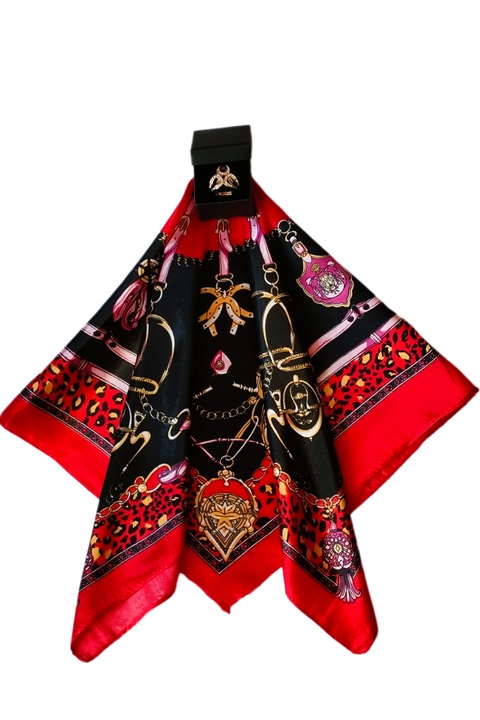 Шал, сатен, щампа верижка, със златист пръстен, 60 х 60 см многоцветен