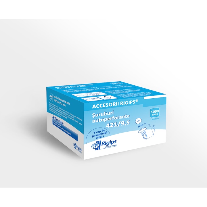 Surub autoperforant 421, 9.5mm Rigips, argintiu, cutie 1000 buc