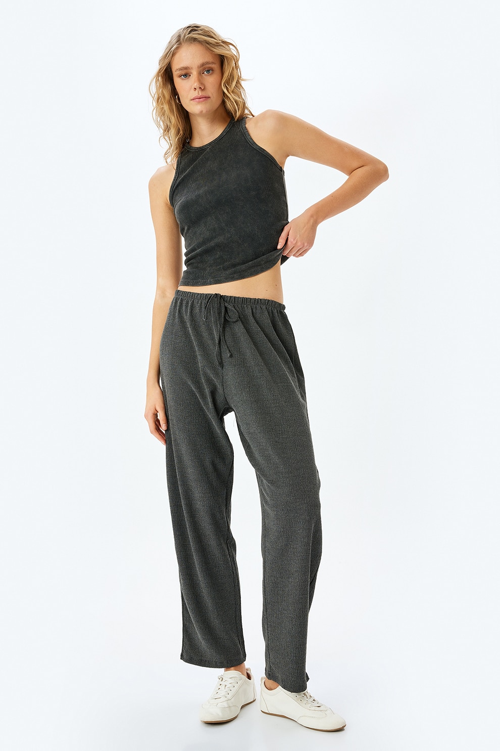 KOTON, Pantaloni uni cu snur, Gri inchis, S