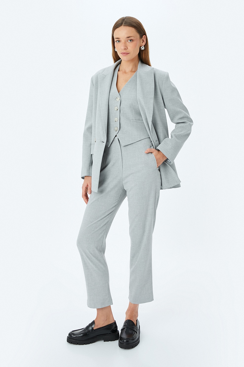 KOTON, Pantaloni capri conici, Gri deschis melange, 38