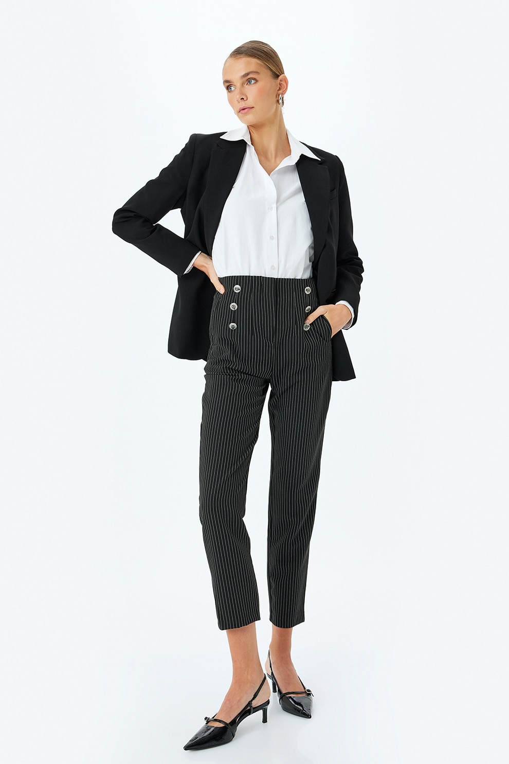 KOTON, Pantaloni conici cu talie inalta, Negru, 38