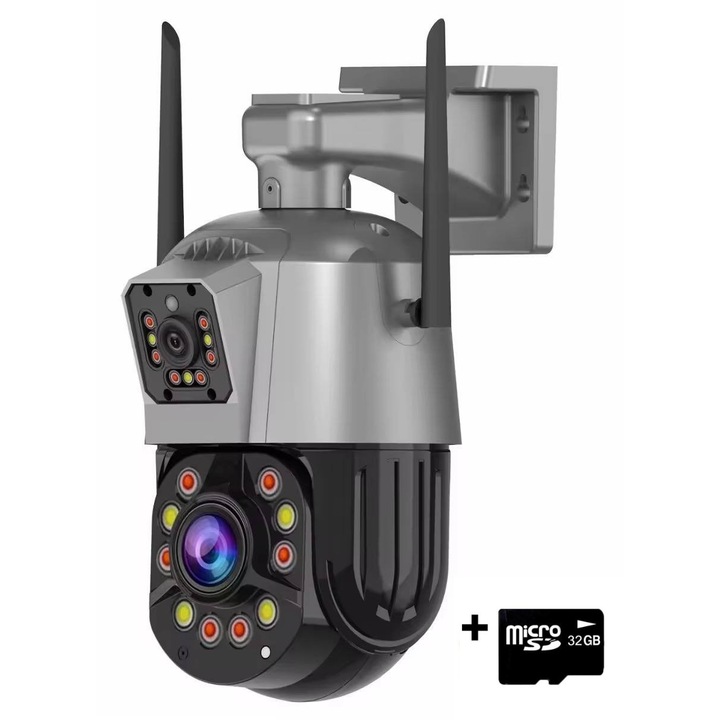 Camera supraveghere Wireless, Exterior/Interior, Cartela 4G/WIFI, Dubla 360° 6MP, Senzor alarma, Vedere color noaptea, Detectie miscare, Monitorizare la distanta de 500 de metri WiFi, Card MicroSD, Control la distanta, Vizualizare dubla, Gri, BUGHY'S