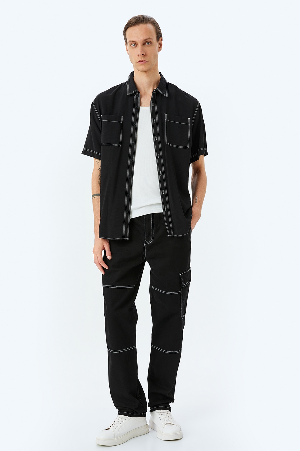 KOTON, Pantaloni cargo cu cusaturi contrastante, Negru, W30-L32