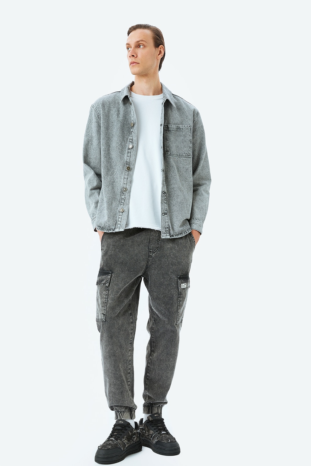 KOTON, Pantaloni de bumbac cu mansete elastice, Gri melange, W40-L32