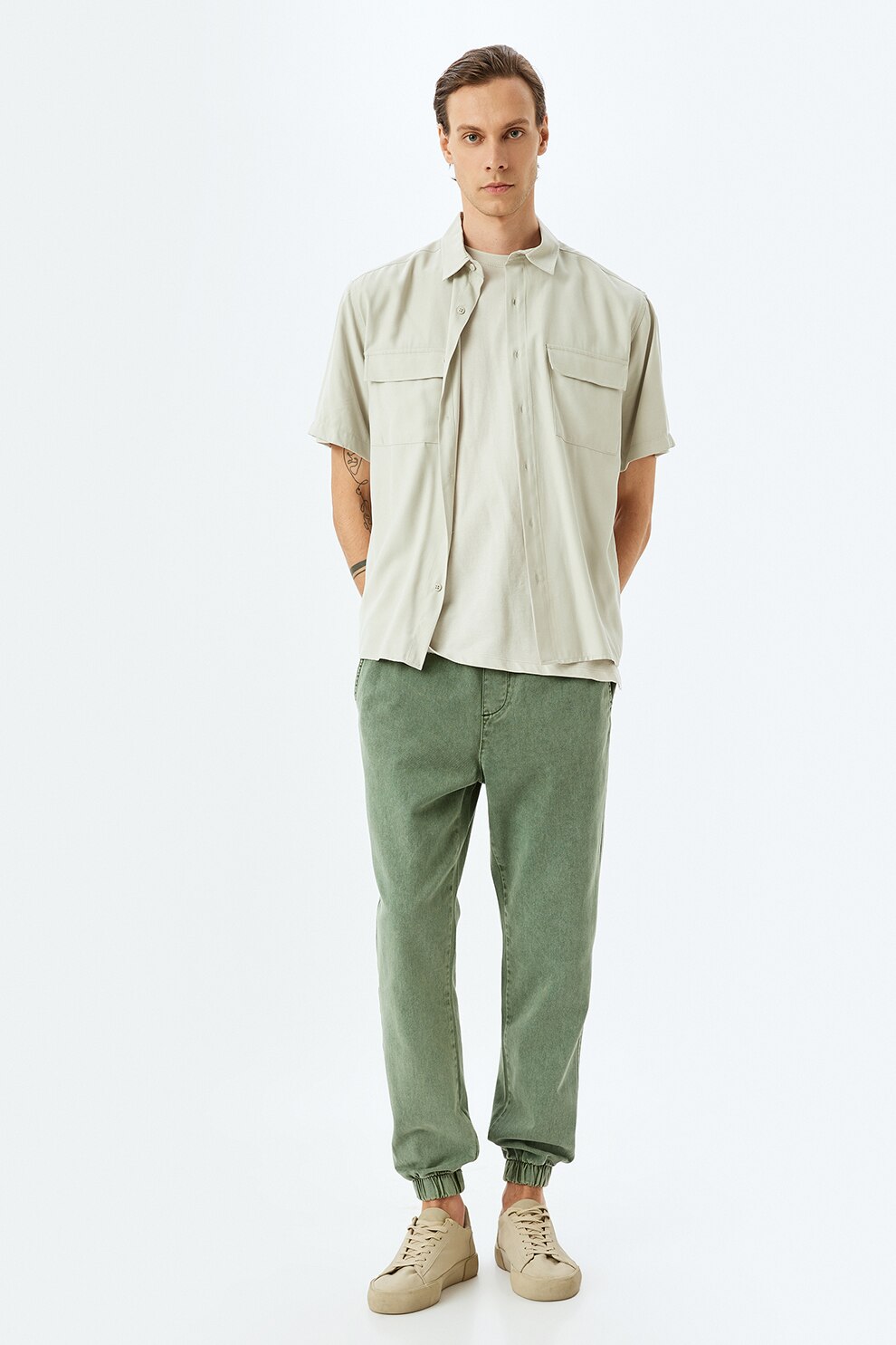 KOTON, Pantaloni de bumbac cu mansete elastice, Verde deschis, W40-L32