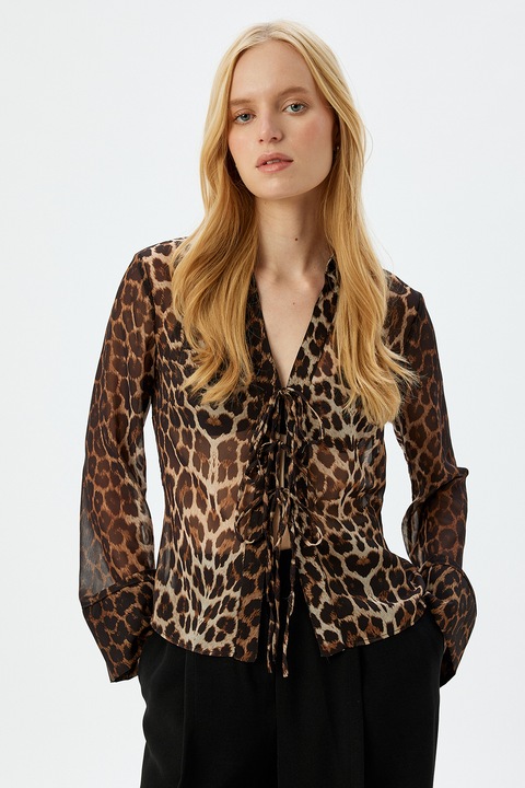 KOTON, Bluza semitransparenta cu model animal print, Maro