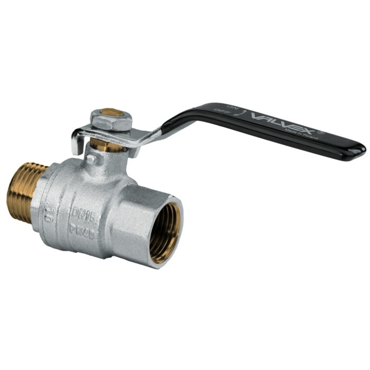 Спирателен кран Valvex Tryton, никелиран месинг, вътрешна-външна резба, DN 25, PN 40, със стоманен лост