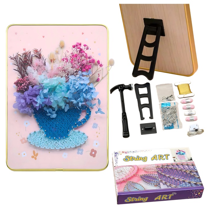 Креативен комплект за бродиране за String Art, Zola, LED светлини, перфорирана дървена дъска със стойка, цветни струни, шаблон на чаша с цветя, 21 x 30 cm