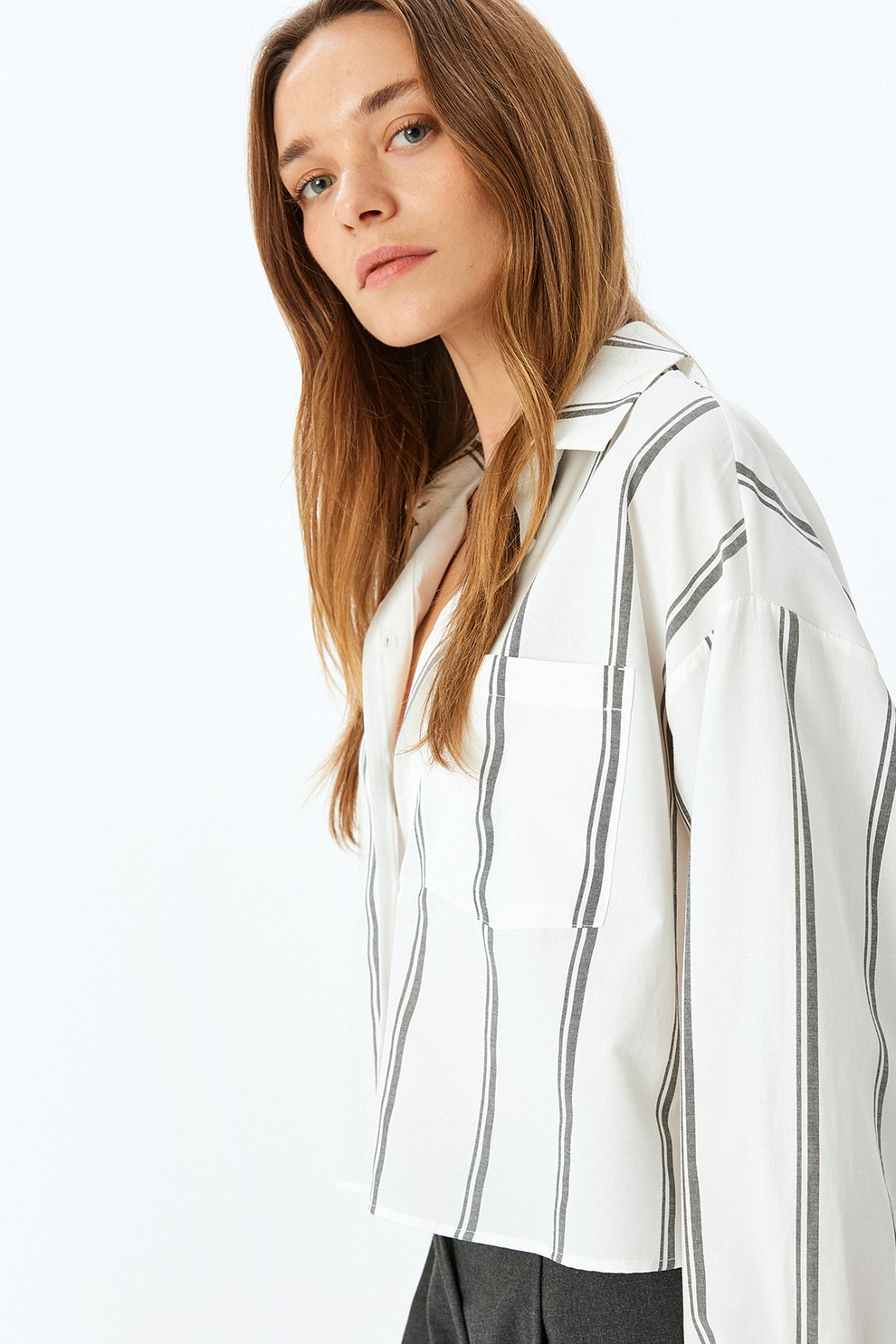 KOTON, Camasa crop sin amestec de bumbac, Alb, Gri, 40