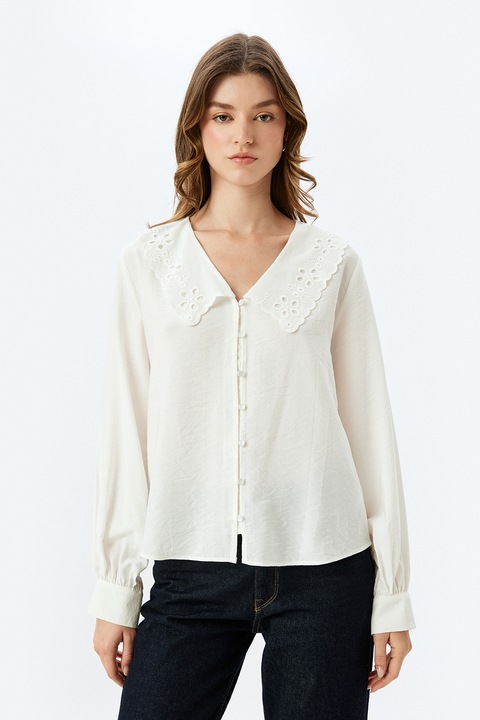 KOTON, Camasa din viscoza cu guler valurit, Alb fildes, XL