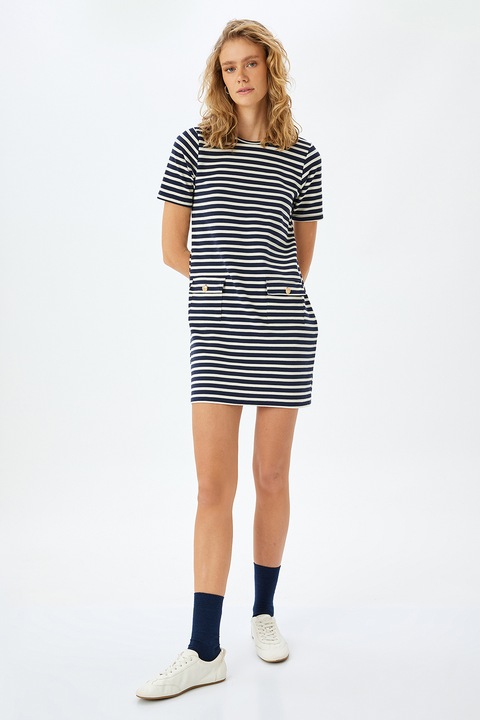 KOTON, Rochie-tricou cu croiala dreapta si model in dungi, Alb, Bleumarin, L
