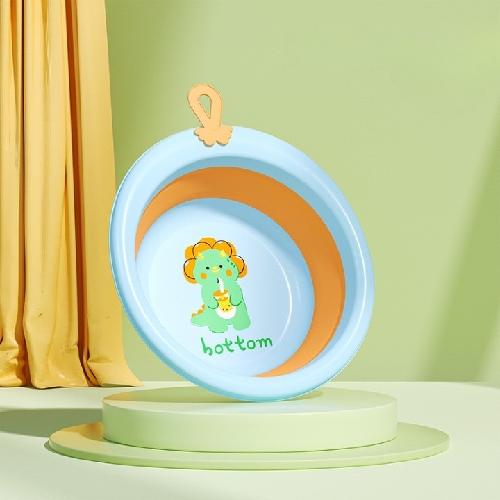 Cada Pliabila pentru Baie pentru Copii, toolsy, Cadita pentru Bebelusi, Model Rotund cu Dinozaur, Blue, 30x30x3.7 cm, 4L