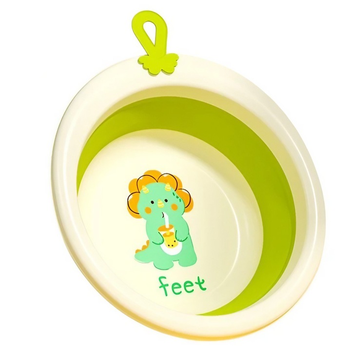 Сгъваема вана за баня за деца, By Fitilomania, Ваничка за бебета, Кръгъл модел с динозавър, Зелен, 30x30x3.7 см, 4Л