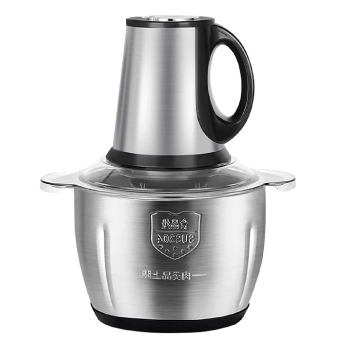 Tocator electric pentru carne si legume, 300W, 4 lame din otel inoxidabil, Capacitate 3L, din Inox, Argintiu