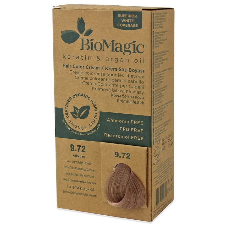 Vopsea de par set BioMagic, foarte deschis blond bej (9.72), 250 g, include oxidant, sampon si balsam