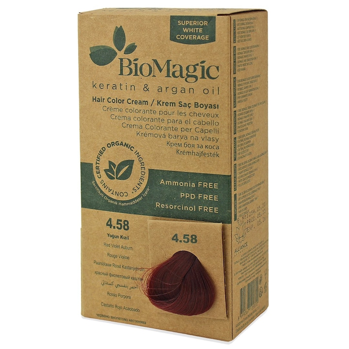 Vopsea de par set BioMagic, crema coloranta 60 ml, oxidant 90 ml, sampon 10 ml, balsam 10 ml, roscat castaniu 4.58