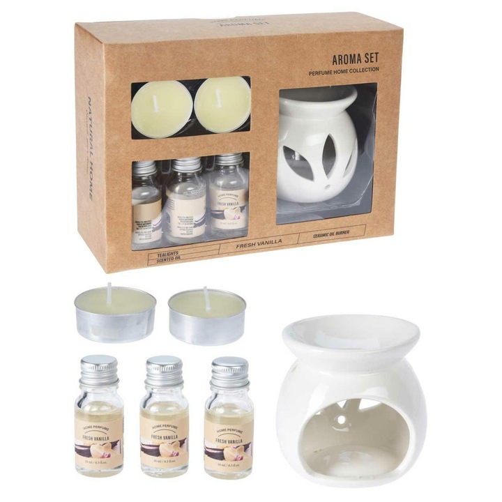 Set Uleiuri Parfumate, H&S, Cu Suport Ceramic Si 3 Arome, Usor De Folosit, Creeaza Atmosfera Placuta, Decor Elegant Si Cadou Ideal, Include Lumanari Tealight, Alb, Practic Si Elegant