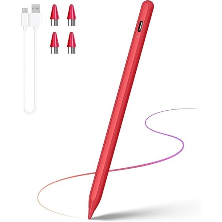 Stylus Pen Magnetic VTM pentru iPad Apple – Precizie si Sensibilitate Avansata, USB-C, Capete de Schimb Incluse, Design Elegant Rosu
