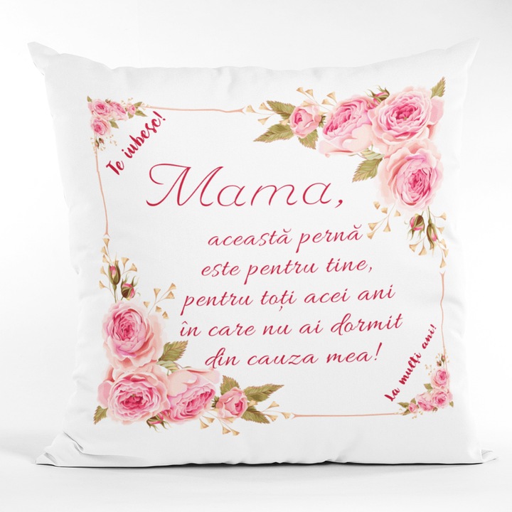 Set Cadou Pentru Mama, Joystos, Perna Decorativa, Alba, 40x40cm, Cu mesajul `Mama, aceasta perna este pentru tine, pentru toti acei ani in care nu ai dormit din cauza mea!` si Card Razuibil