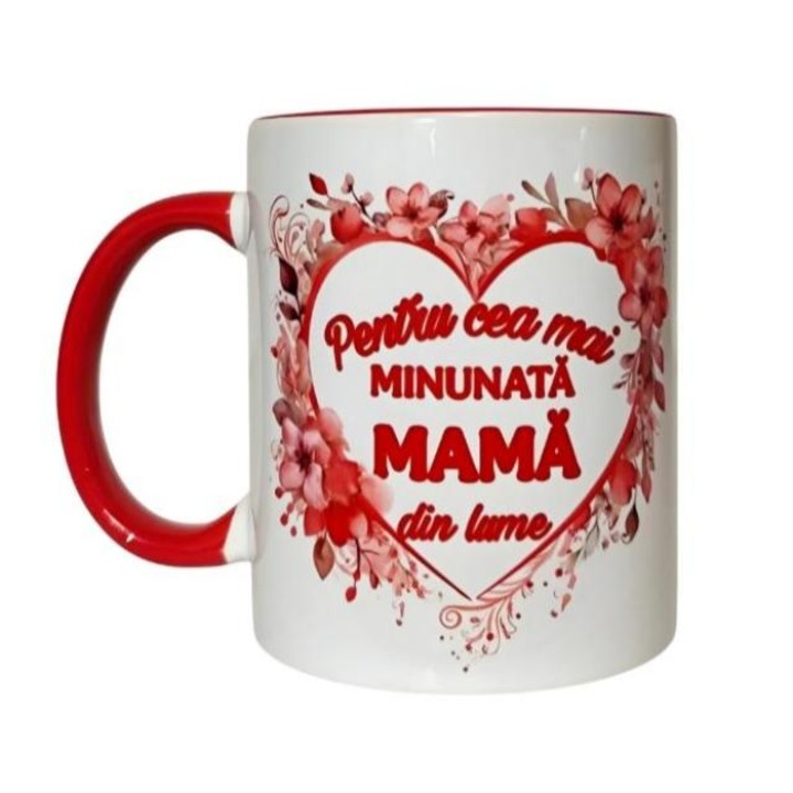 Cana personalizata cu mesaj pentru Mama, alba cu interior si maner rosu, ceramica, 330 ml