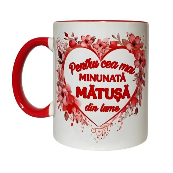 Cana personalizata cu mesaj pentru Matusa, alba cu interior si maner rosu, ceramica, 330 ml