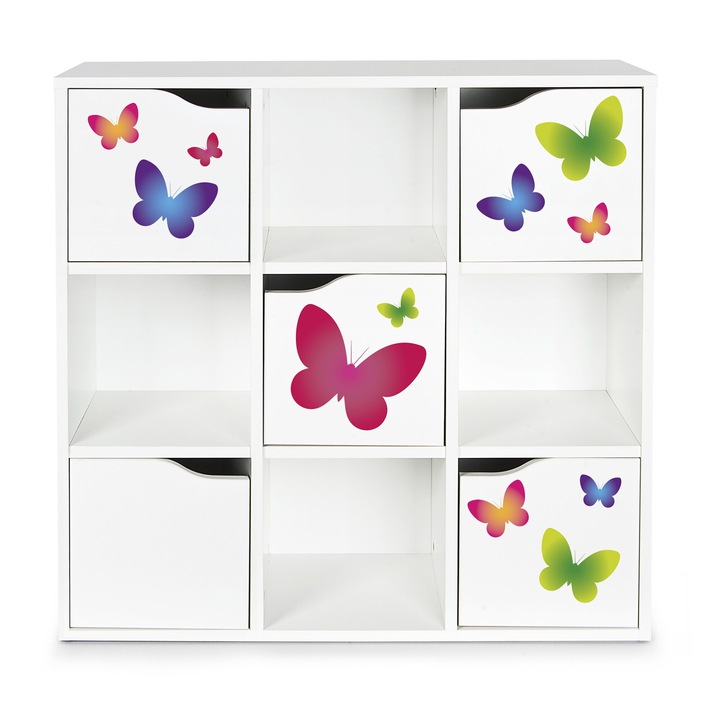Raft din lemn cu 5 usi - Kubico max, Leomark, 29 x 89 x 89,5 cm, imprimare UV Fluturi