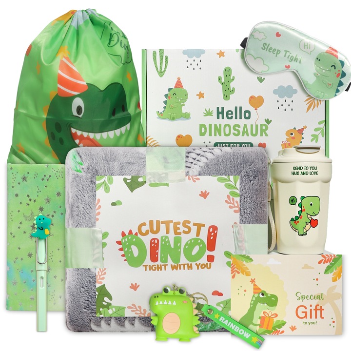 Set cadou baiat, 9 Piese premium, Cadonique®, Patura fosforescenta dinozaur, Cana termos, Masca pentru dormit, Saculet rucsac, Agenda A5, Creion, Portofel monede pentru copii, Felicitare, Jucarii pentru 4, 5, 6, 7, 8 ani