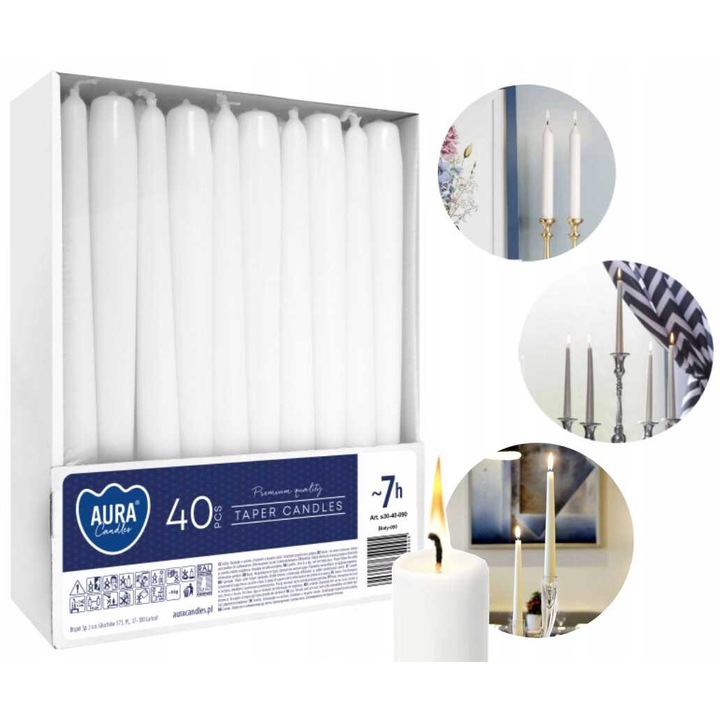 Комплект от 40 бели конусовидни свещи, Aura, 24,5x2,3 см, без аромат