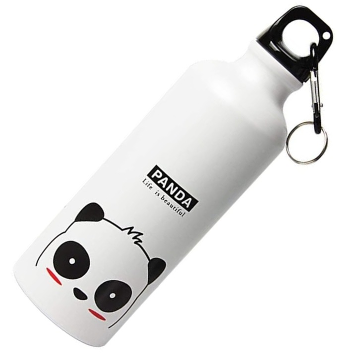 Изолиран съд за деца, дизайн на панда, изработен от нетоксичен материал, двуслоен за поддържане на напитки топли или студени, ергономичен капак с дръжка, 500 ml, бял