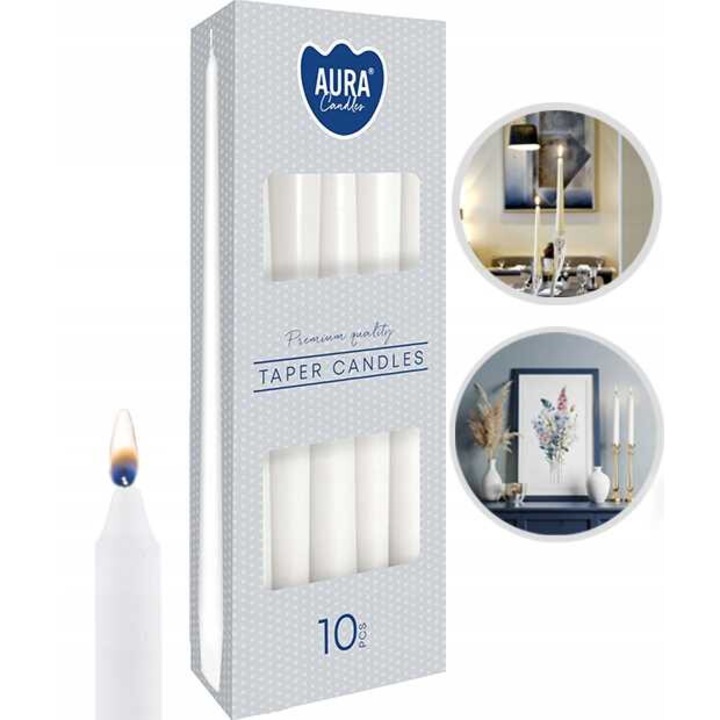 Свещи AURA, комплект от 10 бр., бели, 7 часа, 2.3x24.5cm