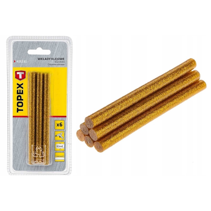 Baton silicon pentru pistol lipit, sclipici auriu, 6 buc, 8x100 mm, Topex