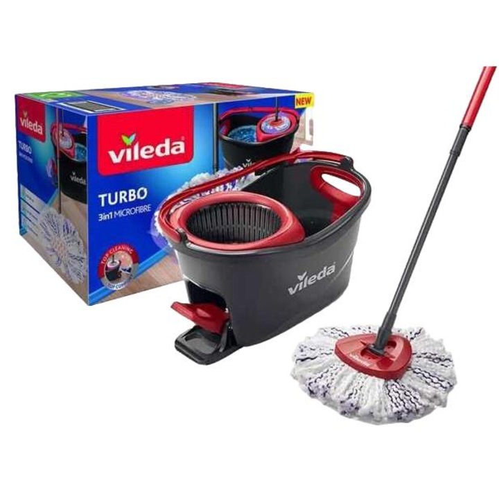 Въртящ се моп с кофа, Vileda TURBO, Микрофибър, Триъгълна глава, Многоцветен