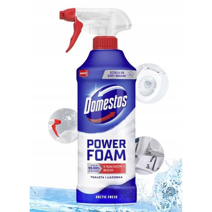 Solutie de curatare toalete si baie Domestos Power Foam Arctic Fresh 435ml, elimina 99,99% bacterii, actiune in locuri greu accesibile